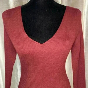 Roma Knit Women’s 3X Burgundy Ribbed V Neck Fitted Long Sleeve Sweater